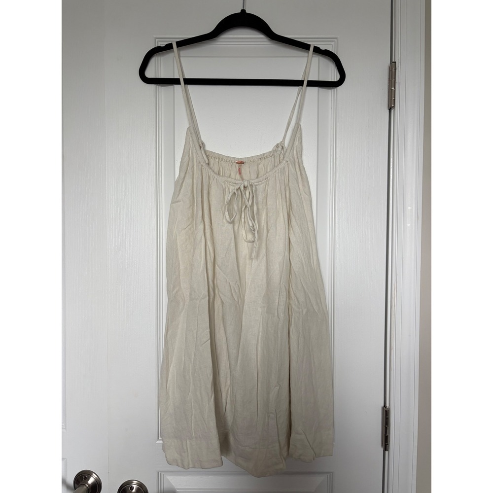 Free People Ivory Linen Blend Mini Dress Adjustable Straps Pockets XS